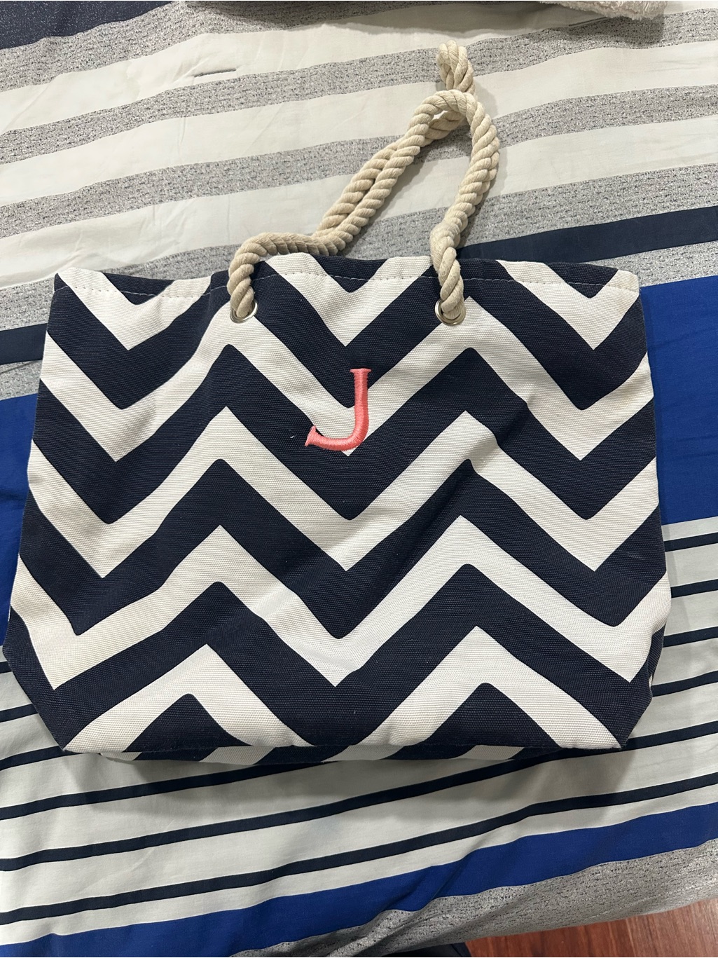 Navy Chevron Rope Handle Tote Bag With Pink Monogram